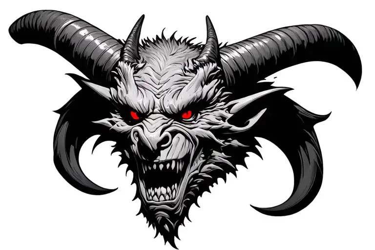 Black Gargoyle Head With Red Eyes And Big Horns