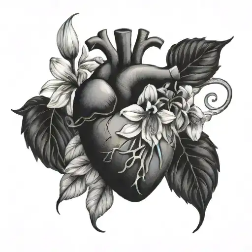 Black And White Anatomical Heart With Honeysuckle Flowers
