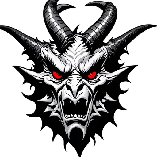Black Gargoyle Head With Red Eyes And Big Horns