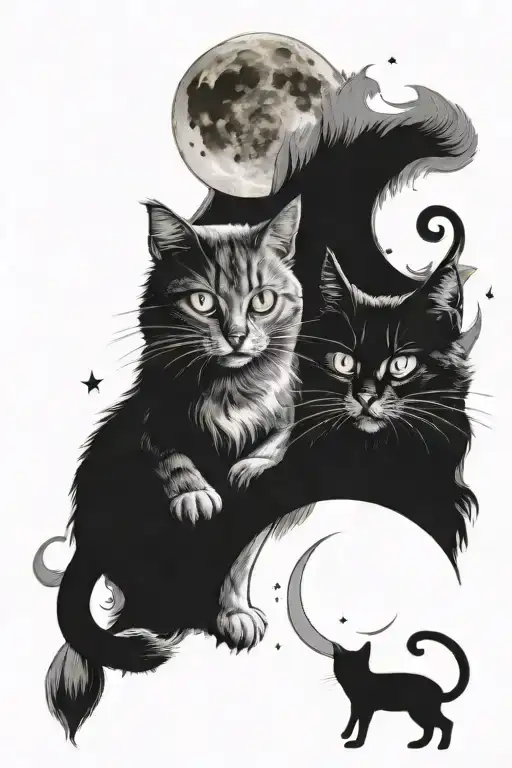 Two Cats One Sitting On The Moon And The Second Sitting On The Sun Reaching Paws To Each Other