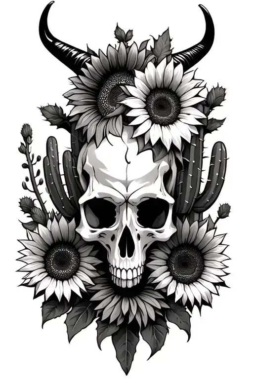 Long Horn Skull Half Sunflowers Cactus