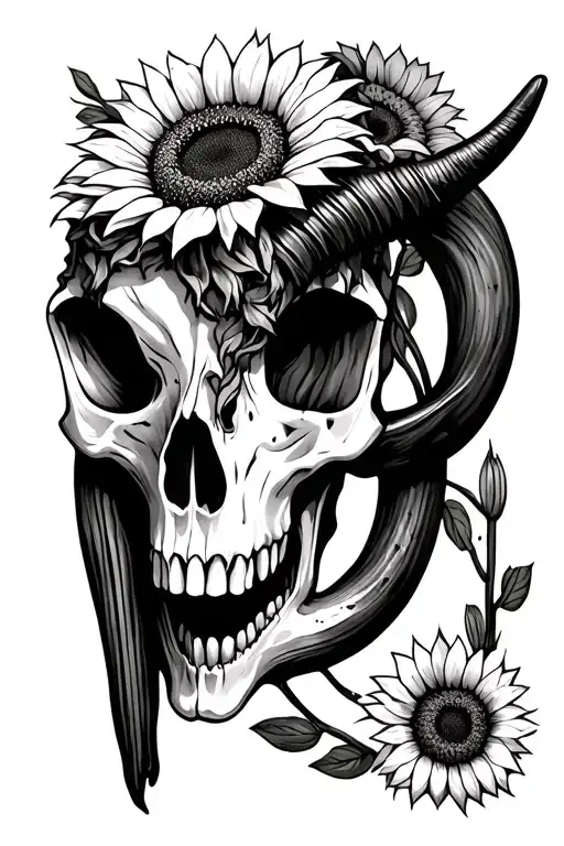Long Horn Skull Half Sunflowers Cactus Fine Line