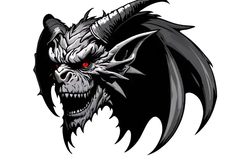 Black Gargoyle Head With Red Eyes And Big Horns Facing Front
