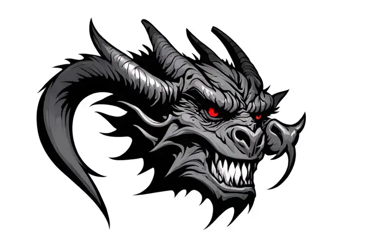 Black Gargoyle Head With Red Eyes And Big Horns Looking Straight