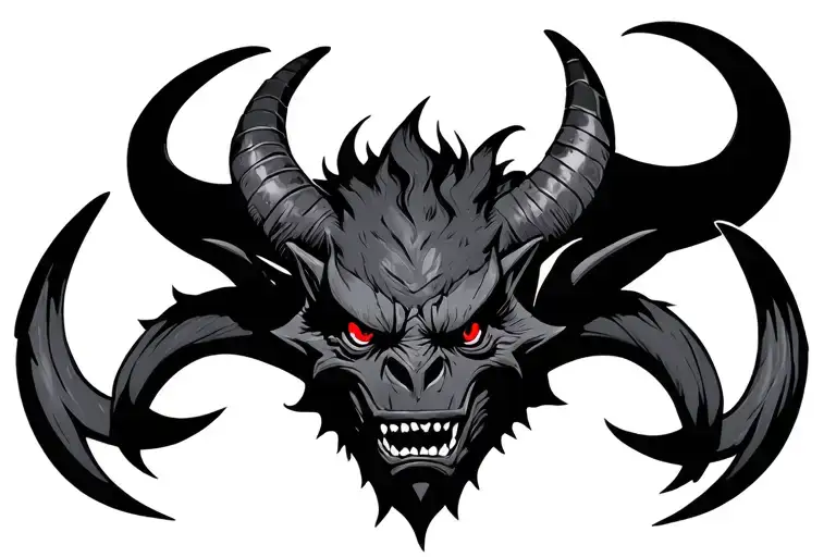 Front View Of A Black Gargoyle Head With Red Eyes And Big Horns