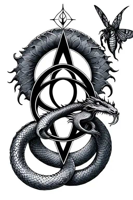 Triquetra With Sun Moon Snake Dragon Moth