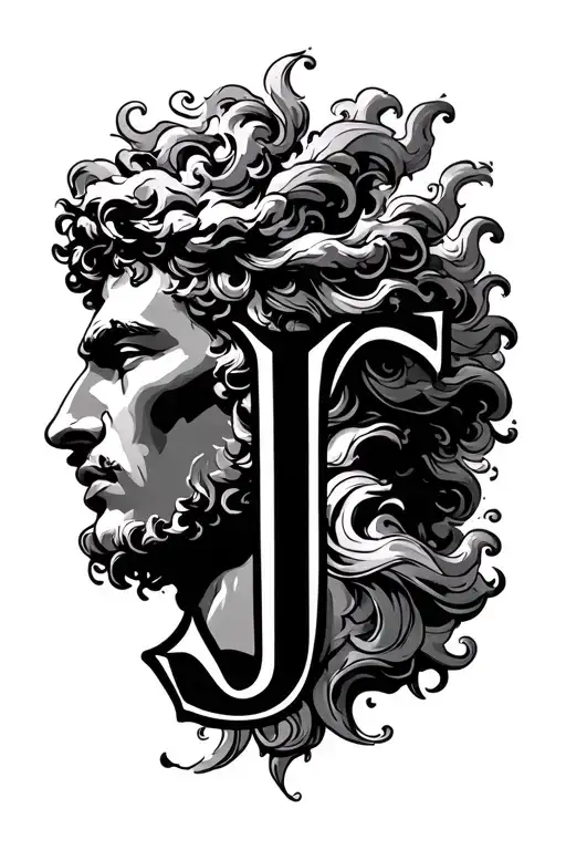 Greek God With Clouds And Shadows And Lettering Letter J