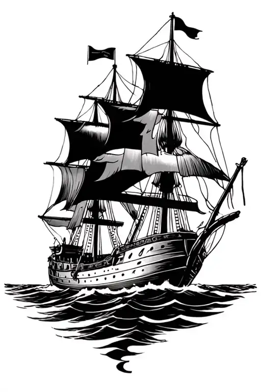 Black And White Linework Drawing Of Spaniard Ship Sailing