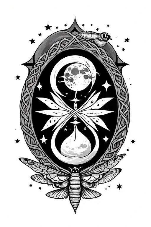 Hour Glass Moon Sun Stars Inside Snake Around Top And Bottom And A Celtic Knot And Moth Near It
