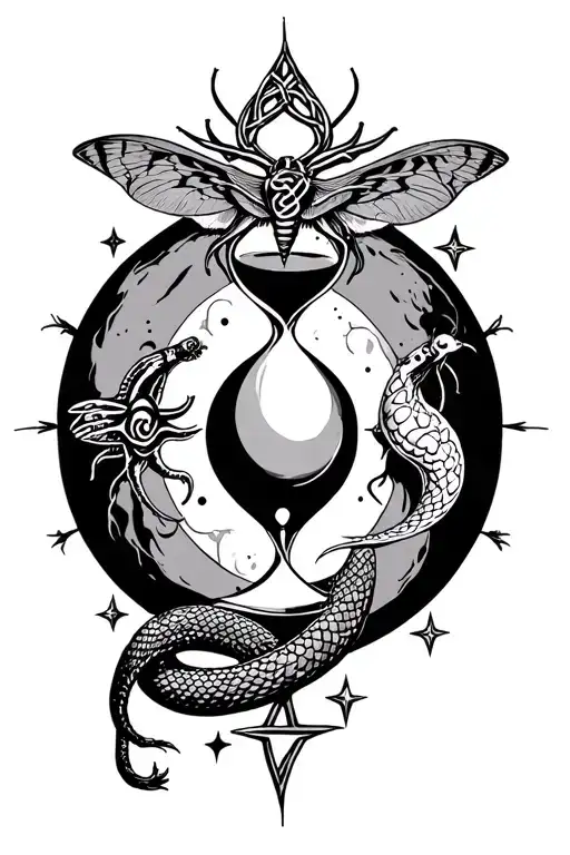 Hour Glass Moon Sun Stars Inside Snake Around Top And Bottom And A Celtic Knot And Moth Near It