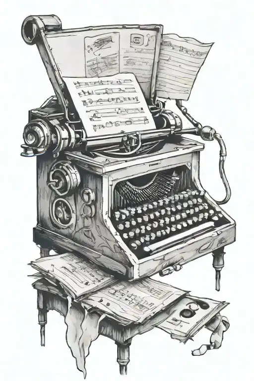 A Typewriter With Music Notes Coming Out Of It And A Tv Show Scene Playing On The Screen