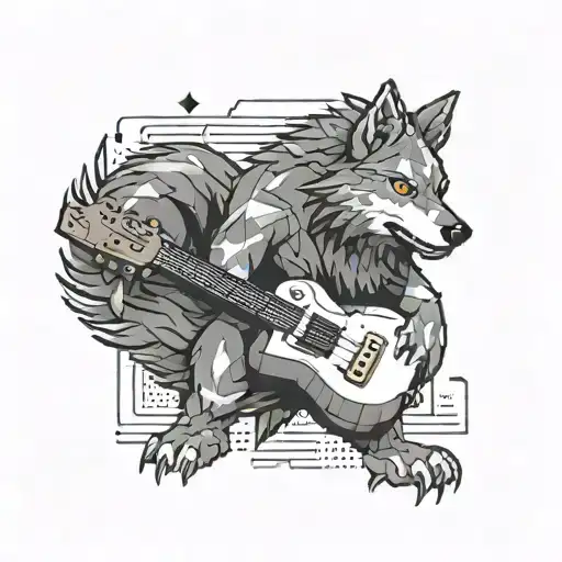 A Pixelated Wolf Character From A Video Game Shredding On A Guitar With A Music-themed Background