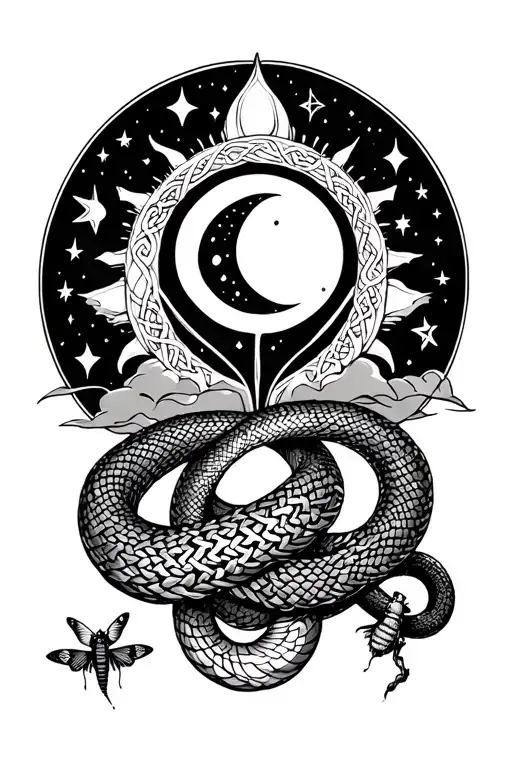 Hour Glass Moon Sun Stars Inside Snake Around Top And Bottom And A Celtic Knot And Moth Near It