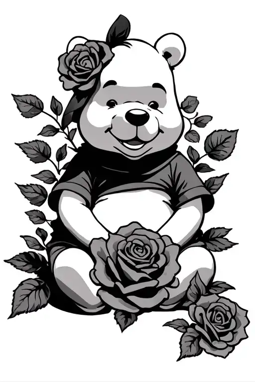 Winne The Pooh Sitting With Rose Surrounded