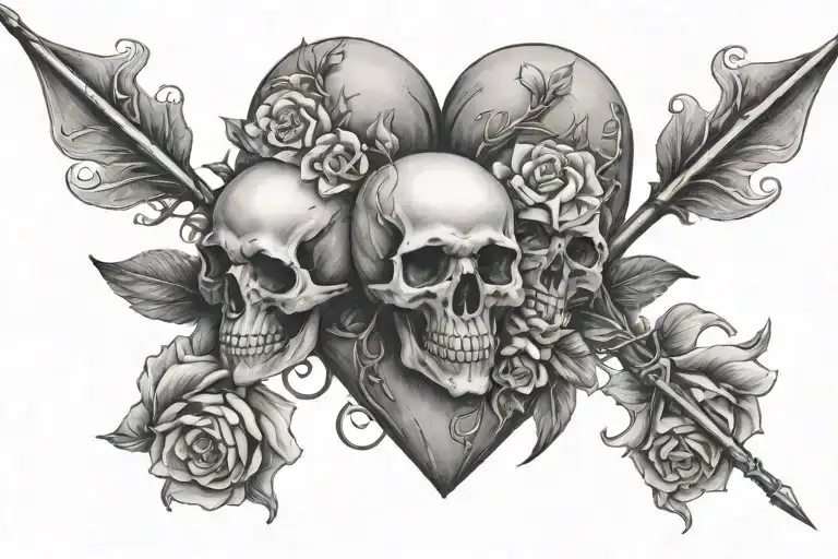 Two Skulls Forming A Heart With An Arrow Through It Surounded My Flowers