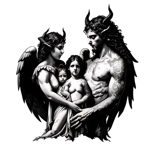 Left Hand Devil Right Hand Angel Back Angel And Devil And At The Chest The Family