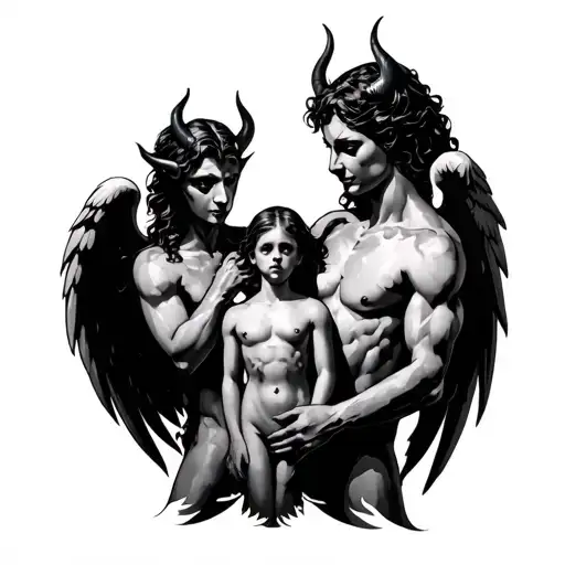 Left Hand Devil Right Hand Angel Back Angel And Devil And At The Chest The Family