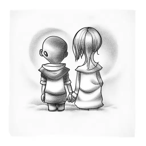 A Black-grey Tattoo Of Riley And Her Son Holding Hands