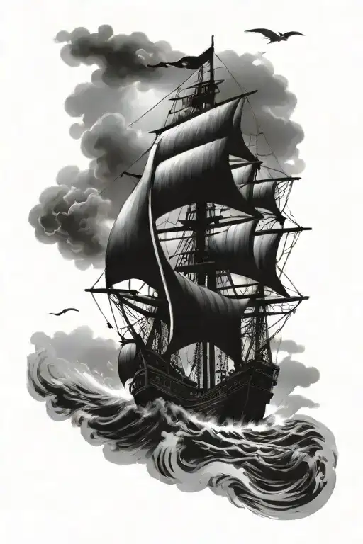 Pirate Ship Sailing Through Stormy Seas