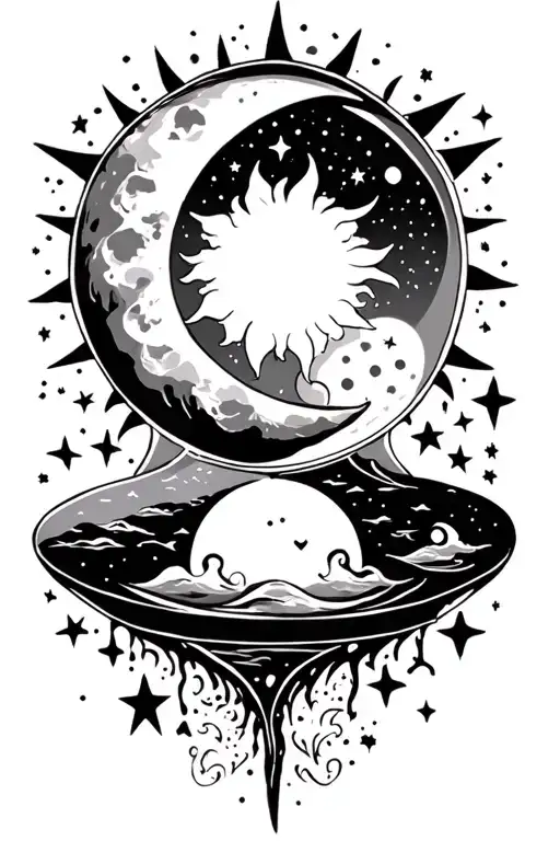 Hour Glass With Sun On Top Inside And Moon And Stars In The Bottom