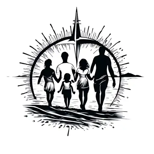 Family Walking On A Beach With Compass And Sunrays