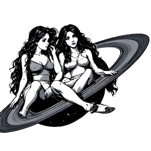 Two Girls Friends Sitting On Saturn Sketch With Faith