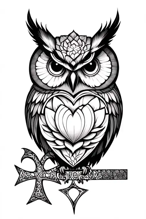 Owl Head With A Heart Form Inside And Lotus Flower And Ankh Cross