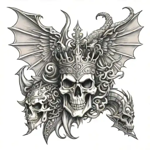 Skull And King And Dragon And Knight And Angel And Battle