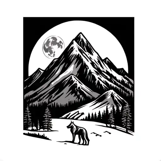 Mountain With Full Moon In The Background That Incorporates Blackfoot Native Totem Poles And Wolves