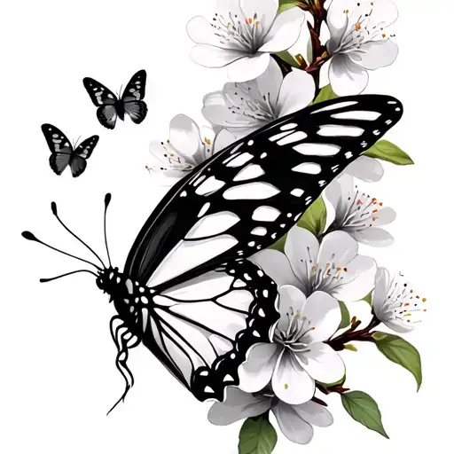 Big Black And White Monarch Butterfly With Smaller Ones Over It And Cherry Blossom Flowers