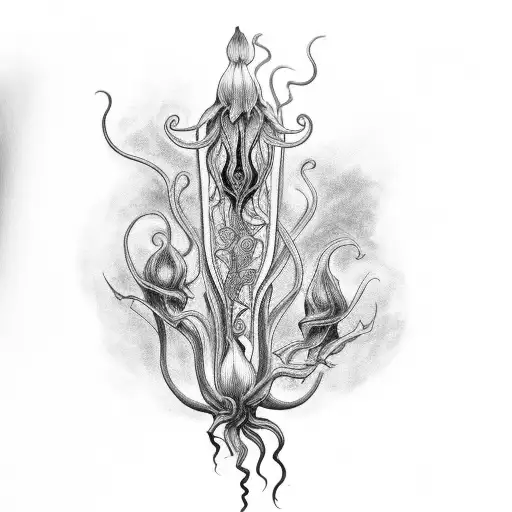 A Black And Grey Tattoo Of Art Nouveau Design Incorporating Carnivorous Plants