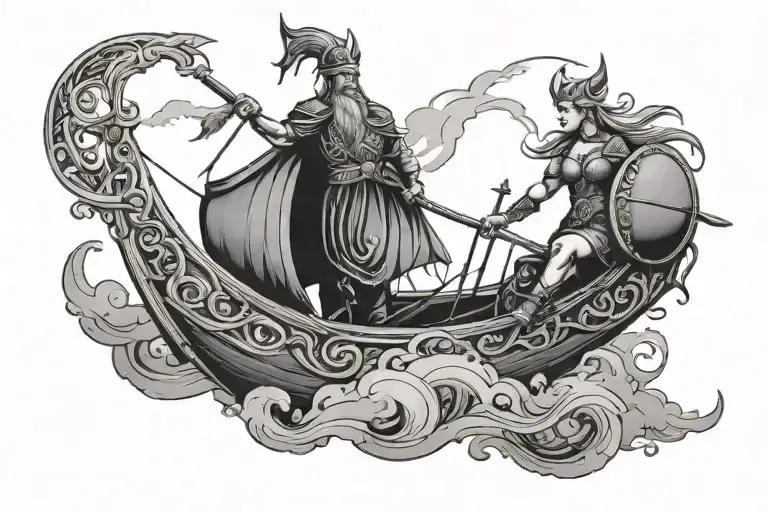 Norse Valkyrie And Viking Ship Sailing Through Stormy