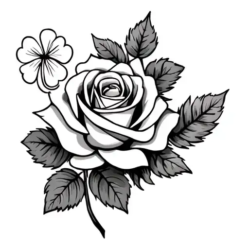 A Rose And Clover Together With A Willow Leaf