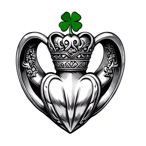 Claddagh Ring With Designs On Both Sides And A Shamrock On Top