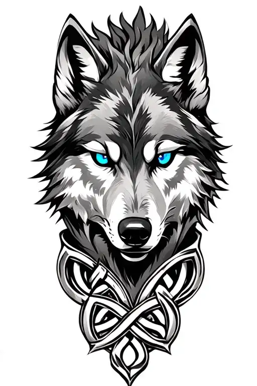 Wolf With Blue Eyes On Armor Tattoo Design Featuring Celtic Trinity Knot