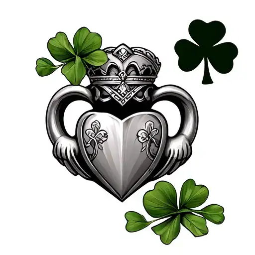 Claddagh With Designs On Both Sides And A Shamrock On Top