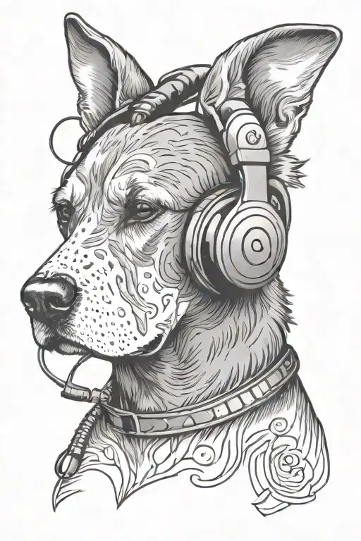 A Tattoo Design Of A Dog Wearing Headphones Listening To Classic Rock Music