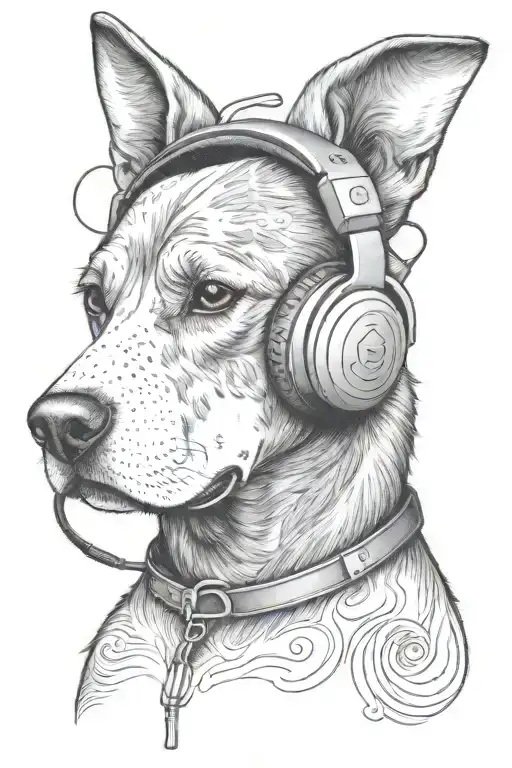 A Tattoo Design Of A Dog Wearing Headphones Listening To Classic Rock Music