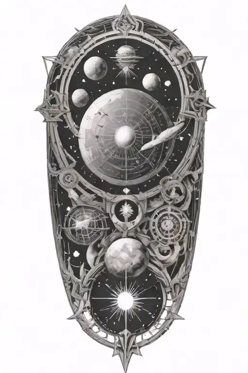 A Black-grey Tattoo Design Combining Elements Of Astronomy And Ancient Mathematics
