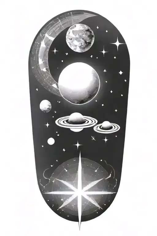 A Black-grey Tattoo Design Combining Elements Of Astronomy And Ancient Mathematics