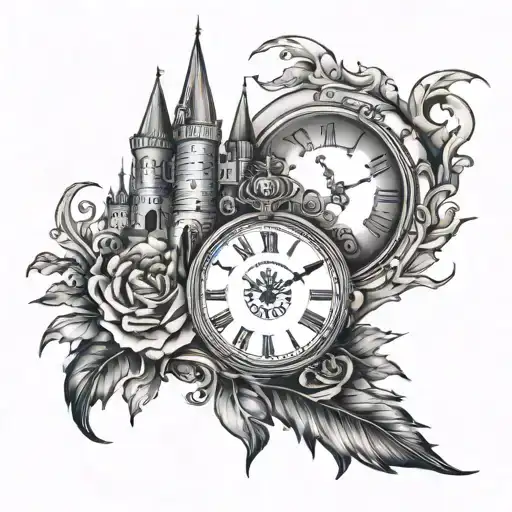 Clock Pointing To Midnight With A Castle On Top Of The Clock Above The 12