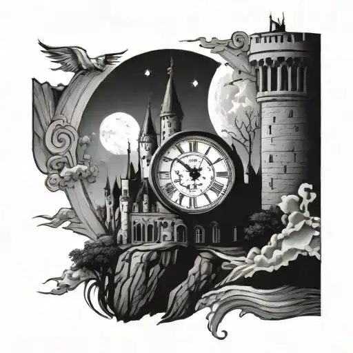 A Single Clock Pointing To Midnight With A Castle On Top Of The Clock Above The 12