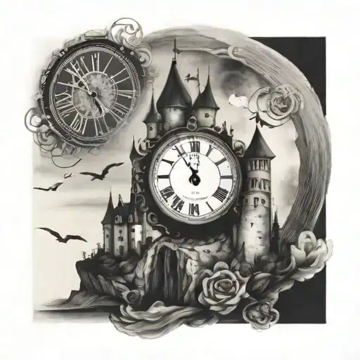 A Single Clock Pointing To Midnight With A Castle On Top Of The Clock Above The 12