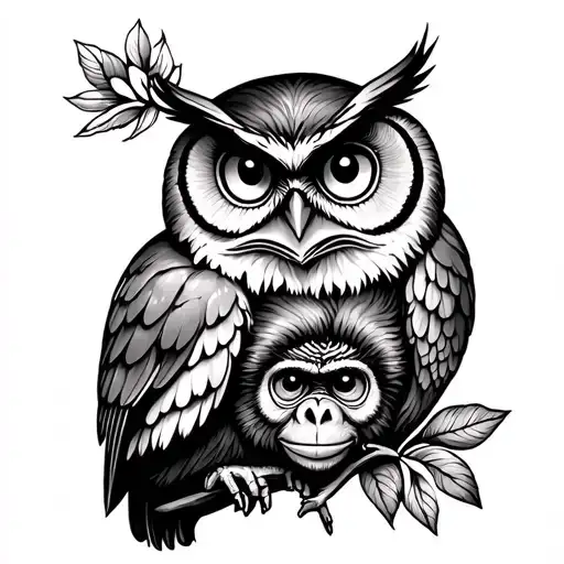 Marigold Down Forearm With Owl On One Side And Monkey On The Other