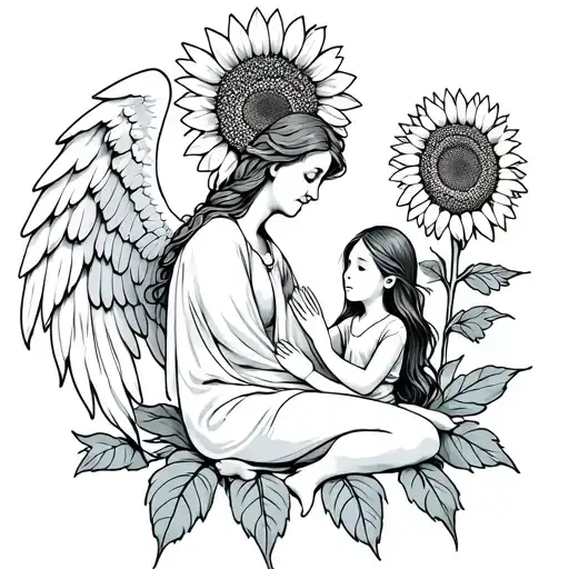 A Simple Angel And Her Human Daughter Sitting In A Sunflower