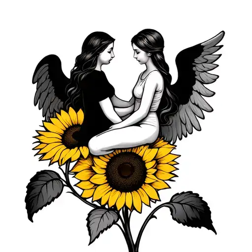 A Simple Angel And Her Human Daughter Sitting On Top Of A Sunflower