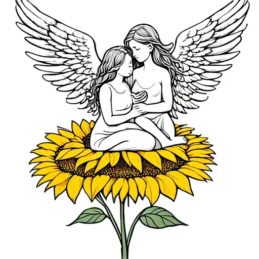 A Simple Angel And Her Human Daughter Sitting On Top Of A Sunflower Small Line Art