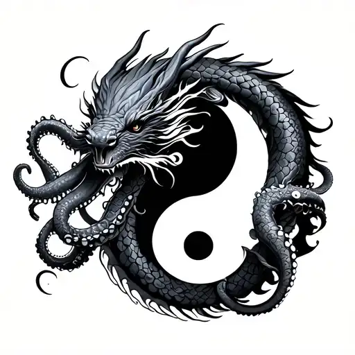 Ying Yang Symbol Made With Dragon And Octopus Wrapped