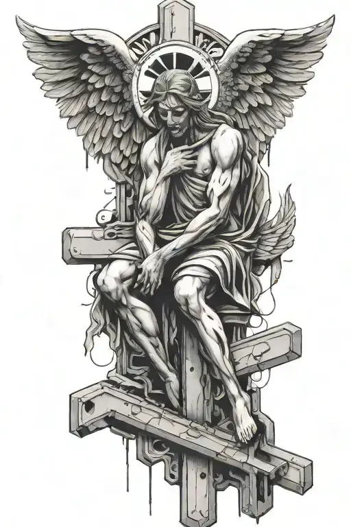 A Sad Angel Sitting On A Cross Made Of Airplane Parts