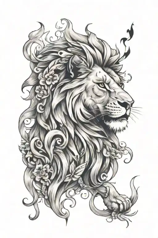 A Lion Surrounded By Flames And Butterflies